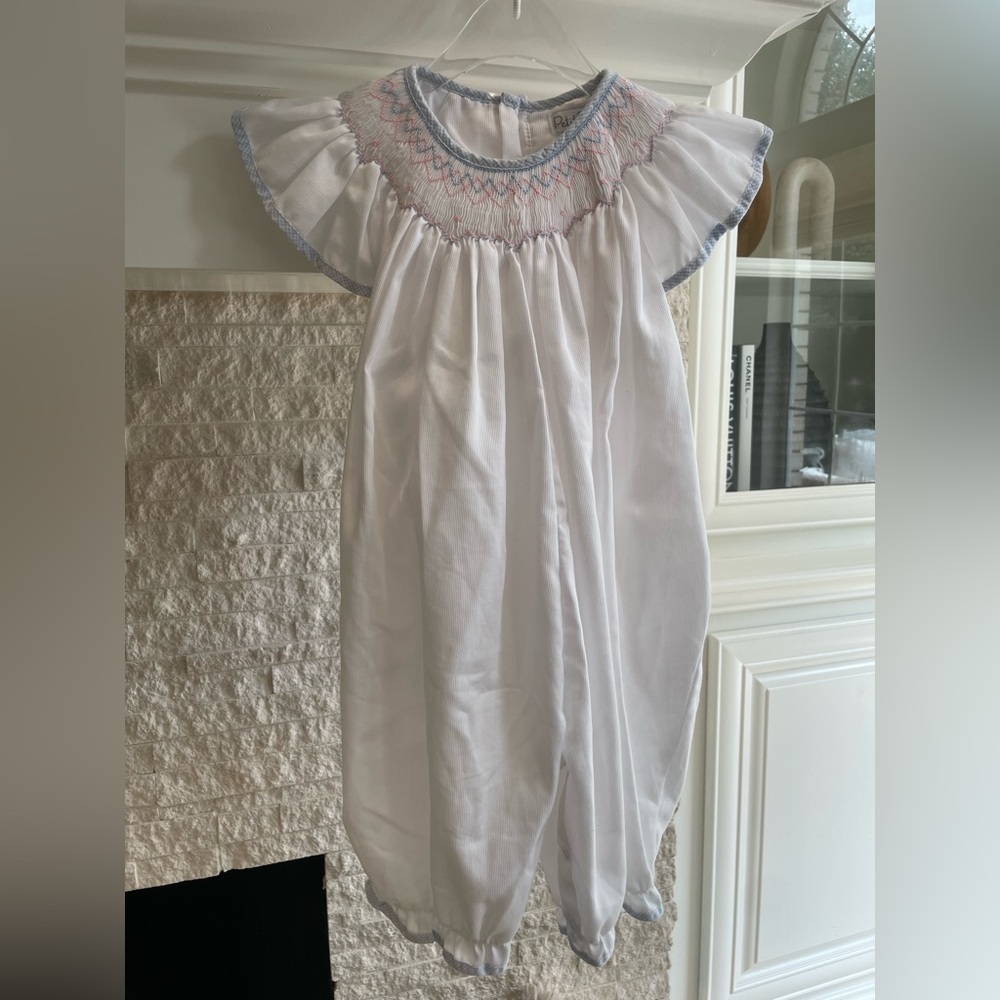 Petit Ami White pant romper with Pink & Blue Smocking 24 months